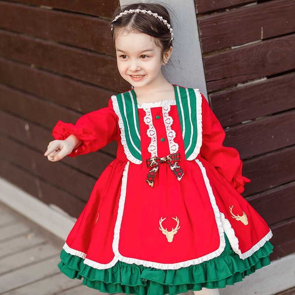 Toddler Kız Lolita Prenses Elbiseler Çocuklar Kırmızı İspanyol Frock Bebek Kız Noel Yılı Giydir Bebek İspanya Vestidos 210615