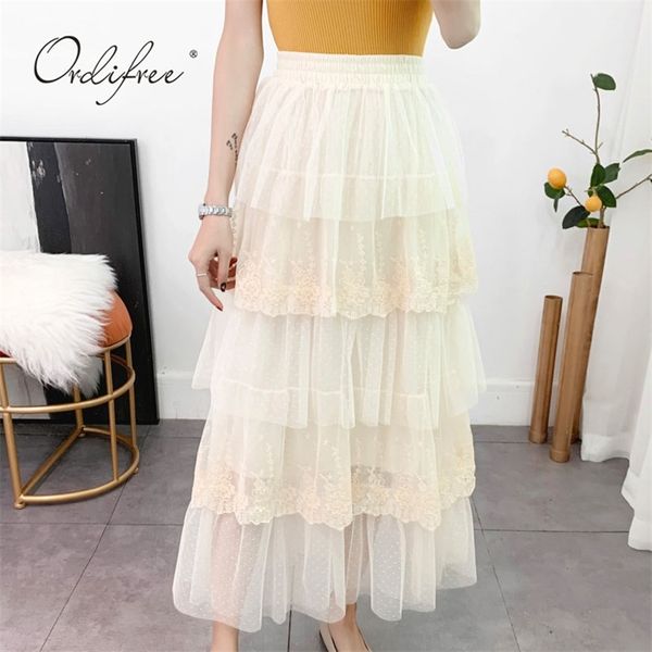 

summer women long tulle skirt high waist maxi white lace crochet female 210513, Black