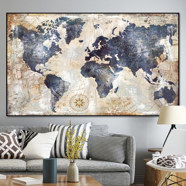 

vintage world map canvas painting printing poster wall pictures for living room modern art home decoration