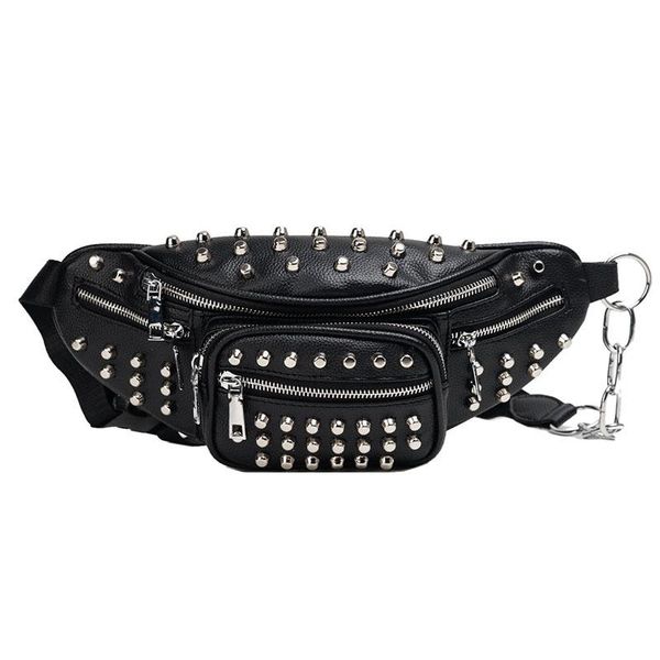 

fashion women pu leather rivet decoration waist bag multi-pocket and multiple zipper belt adjustable pack phone bags