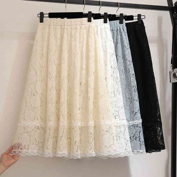 

skirts crochet lace pleated below knee skirt patchwork boho a-line mid-calf long blue ivory iecw, Black