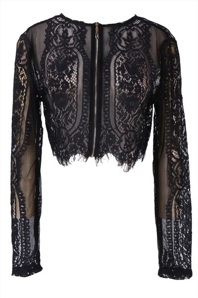 

fashion slim lace black zipper womens t shirt crop long sleeve party clubwear clothes, White