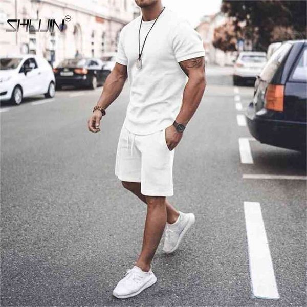 

men's beach two pieces set shortwear round neck jogging summer solid color shorts loose fashion running leisure track suit 210716, White;black