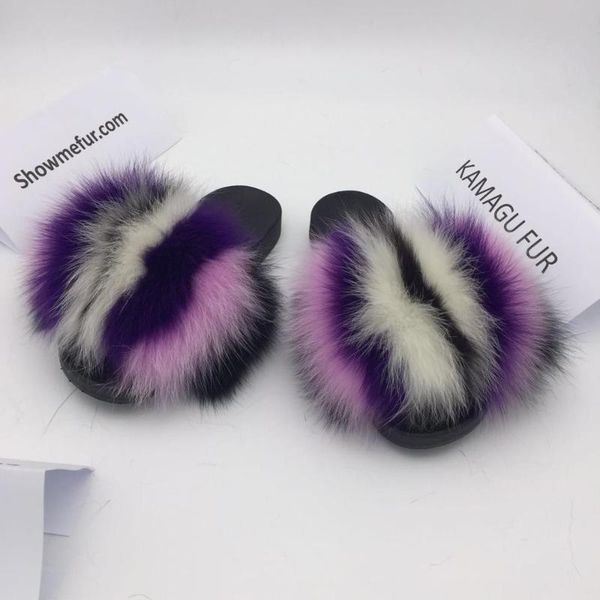 

slippers real fur women home fluffy sliders plush furry summer flats, Black