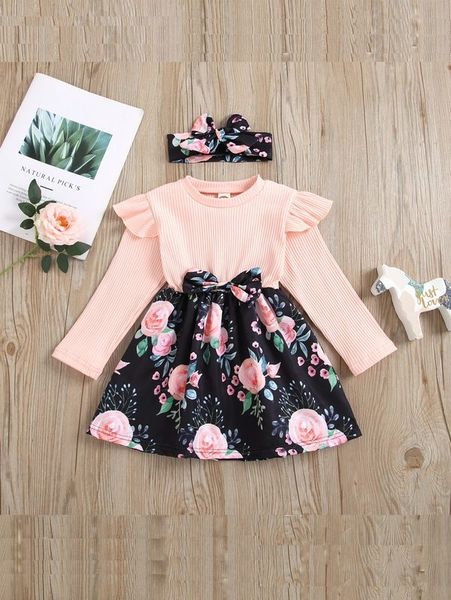 

toddler girls floral print bow front dress with headband she, Red;yellow