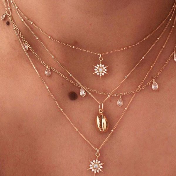 

chains 2021 water drop crystal stone pendant shiny sun summer shell chockers women jewelry boemian layered necklace, Silver