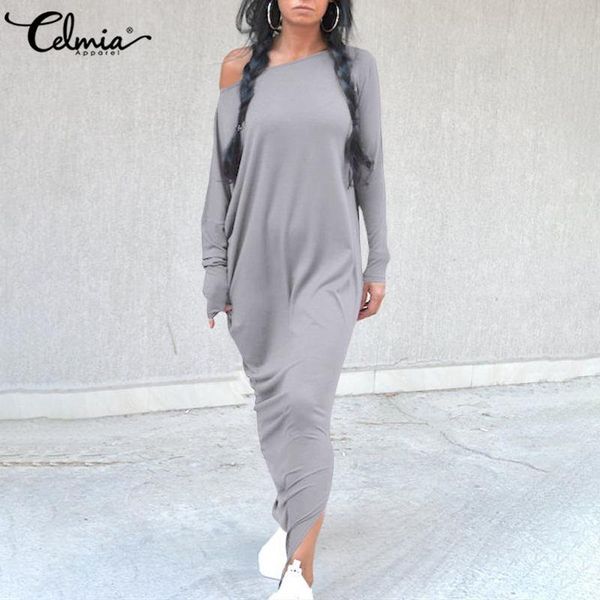 

casual dresses celmia vintage shirt dress 2021 women long sleeve off shoulder autumn winter fashion solid split party vestido, Black;gray