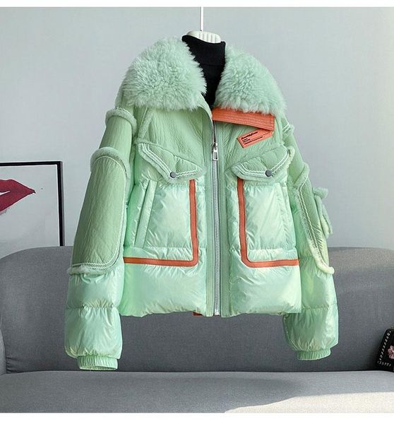 

women's fur & faux 2021 winter 90% white duck down jacket women genuine sheepskin leather collar thick warm loose pocket female clothin, Black