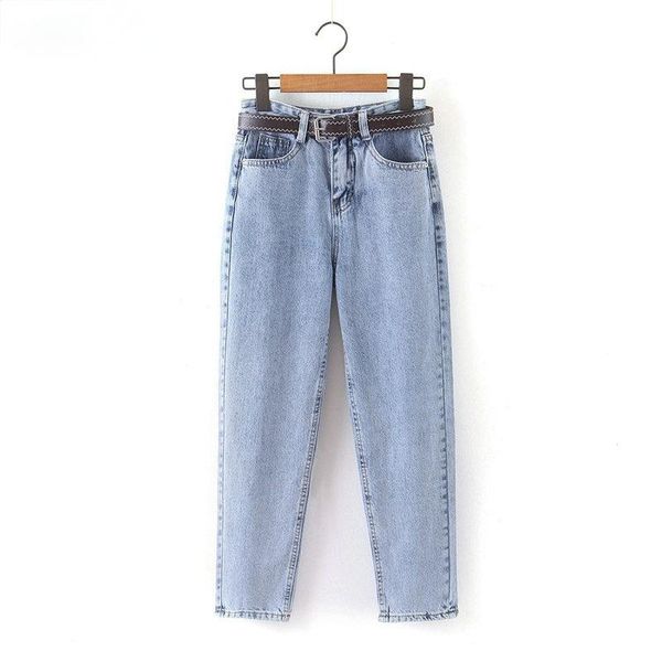 

women's jeans 2021 fashion women mom pants with belt long trousers strethy waist pockets zipper female, Blue