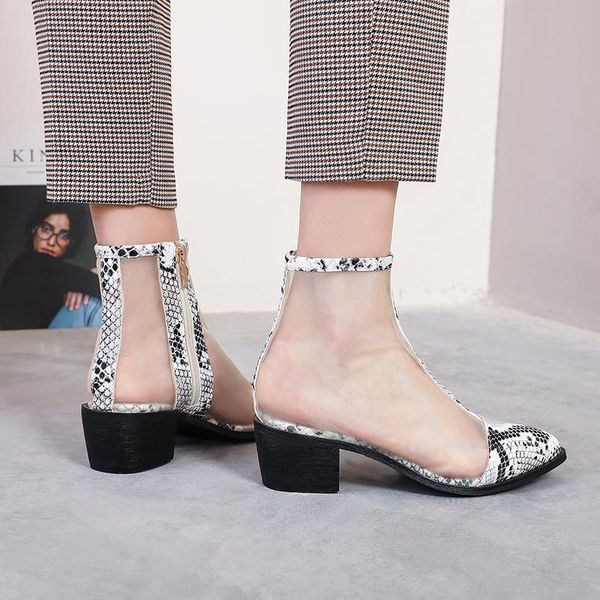 

boots elegant white summer pointed toe thick heels mesh cut out lace up shoes woman casual cross tied bottes footwear printing, Black