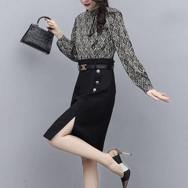 

casual dresses autumn suit dress fake two 2021 style waist slim light mature fashion hip wrap skirt women, Black;gray