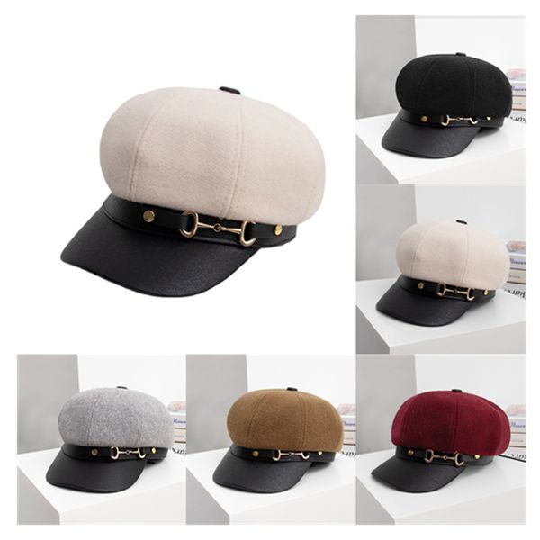 

new beret leather button octagonal hat british retro painter newsboy cap, Blue;gray