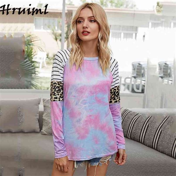 Tricoté T-shirt À Manches Longues Léopard Patchwork Tie Dye Femme T-shirts Col Rond Causal Lâche Streetwear Mode T-shirt Ropa Mujer 210513