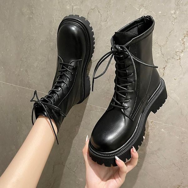 

boots women 2021 shoes round toe luxury designer lace up flat heel rock autumn ankle rubber black fashion ladies med lolita