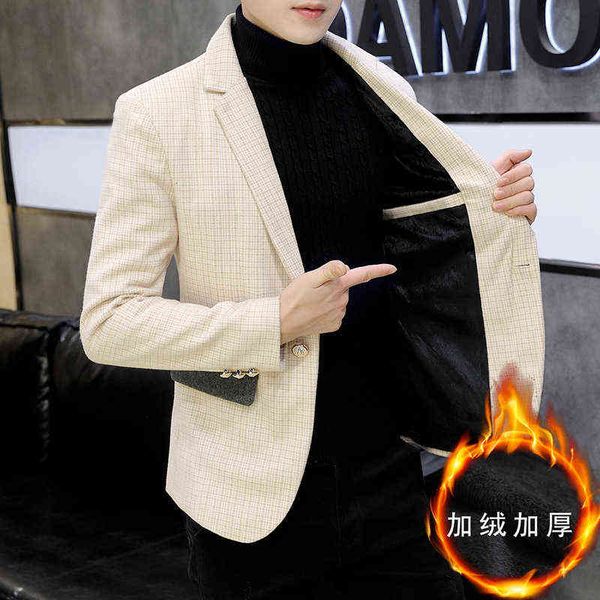 

luxury men's suits blazers 2021 plush men's coat korean fashion grid autumn and winter plush casual suit men, White;black