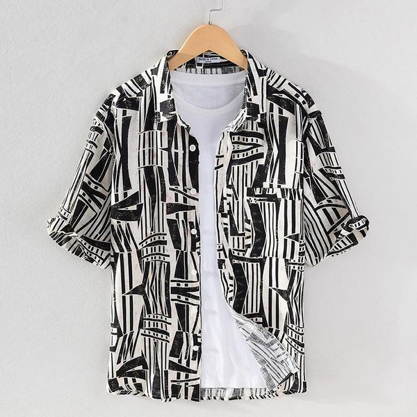 

men's casual shirts 1033 linen printing dyeing streetwear holiday youth handsome short sleeve square collar pocket blouses, White;black