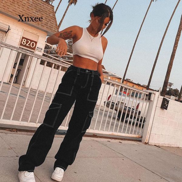 

women's jeans spring and autumn high waist wide leg denim street wear solid color fashion harajuku pocket straight overalls, Blue