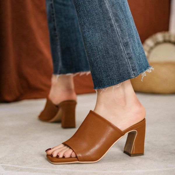 

sandals sianie tianie 2021 summer open toe brown creamy white women block heels woman mules slides size 34-43, Black