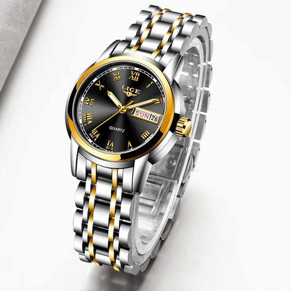 

wristwatches lige women watches fashion watch ladies quartz clock gold wrist 2021 gift for, Slivery;brown