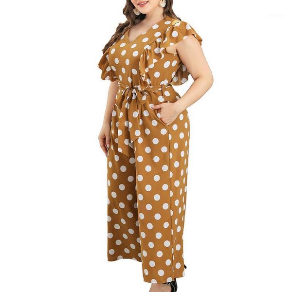 

plus size tracksuits women body suit loose pants polka dot printed frill jumpsuits vintage party cocktail romper plu clothing, Black