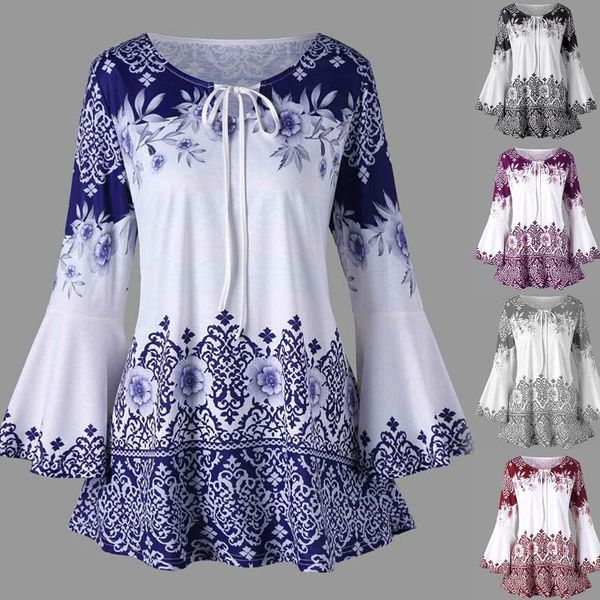 

women stylish plus size long flare sleeve flower print strap tunic loose leisure t-shirt blouse women's blouses & shirts, White