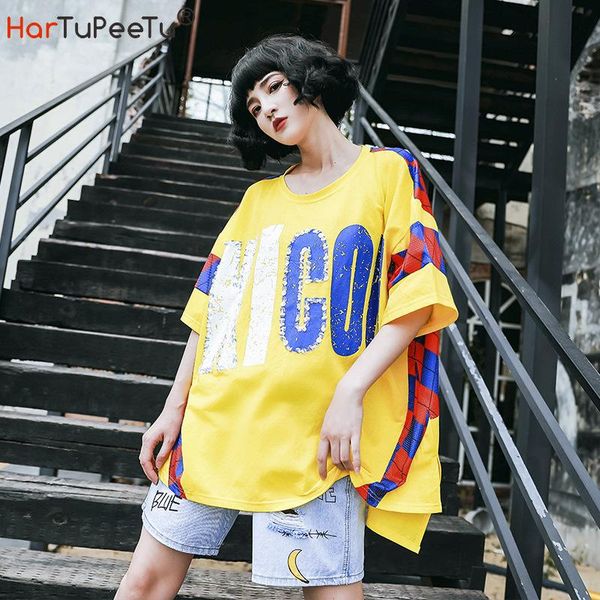 

women's t-shirt long cotton tees women summer loose t shirt oversize casual bead sequin letters design back patchwork colours block hol, White