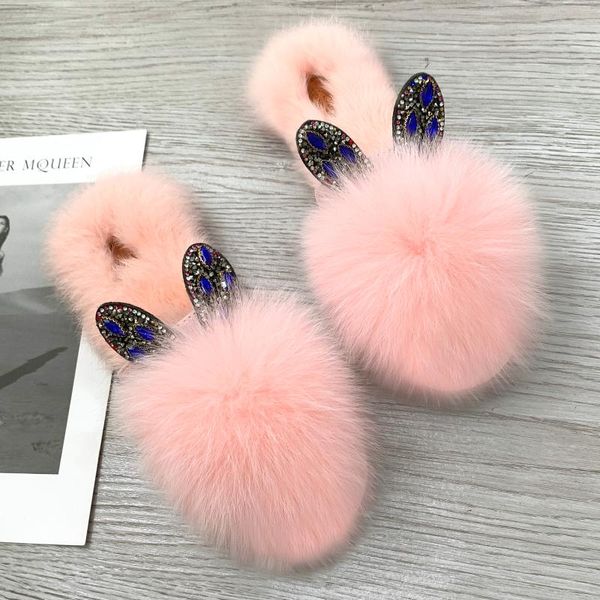 

slippers size 35-40 in 2 style2021 autumn women cute flip flops flat heels real fur shoes woman bling ear girls, Black