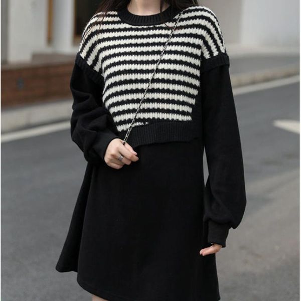 

casual dresses houzhou black dress striped patchwork knitted women korean fashion 2021 spring autumn elegant vintage robe streetwear, Black;gray