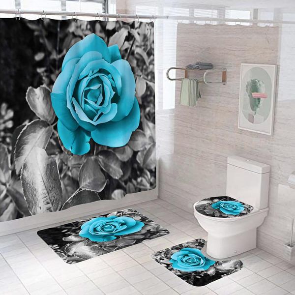 

shower curtains waterproof bathroom curtain set with 12 hooks toilet seat bath mats and rugs non-slip carpet covers