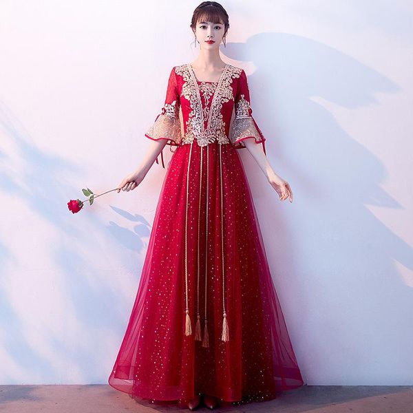 

ethnic clothing flare sleeve bandage cheongsams flower appliques bling sequins qipao tassel square collar chinese bridal dresses retro vesti, Red