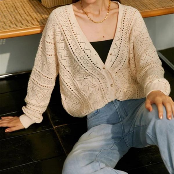 

women's knits & tees women's cardigan coat 2021 autumn winter hollow out sweater v-neck single breasted long sleeve female knitwear, White