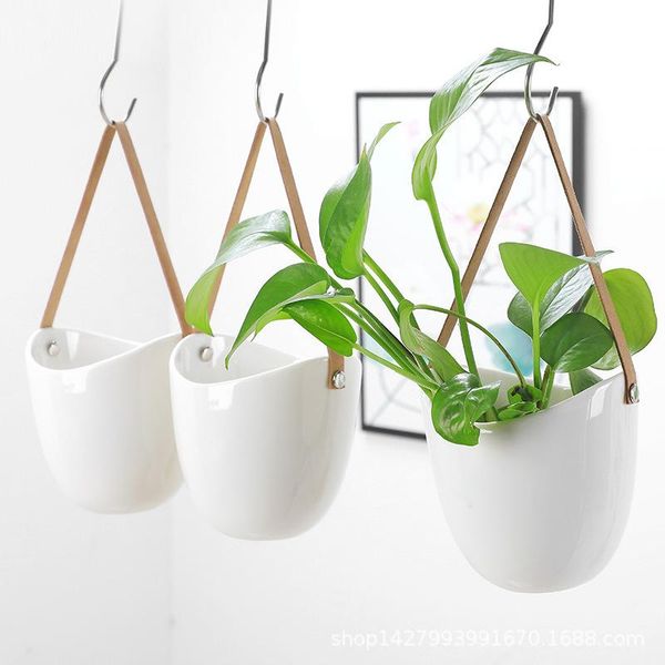 

planters & pots products white ceramic flower holder hanging succulent grow in water flowerpot leather belt wall hangers chlorophytum basin