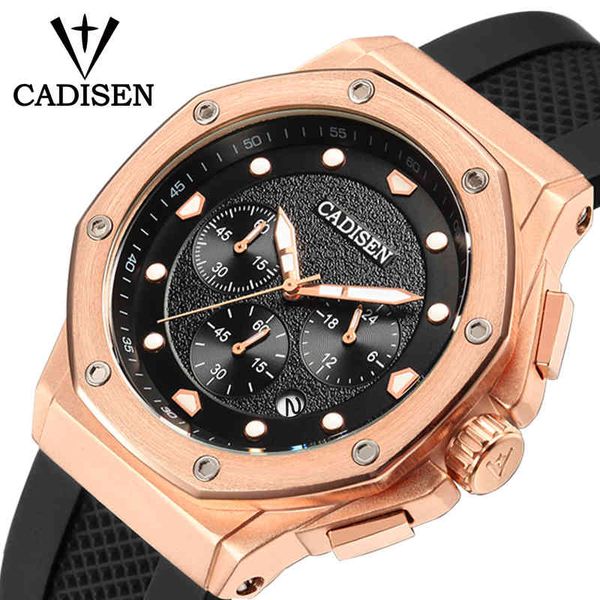 

watches cadisen mens watch sport chronograph silicone strap quartz army military clock men brand luxury male relogio masculino, Slivery;brown