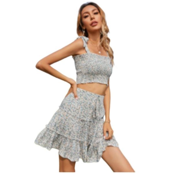 

skirts summer women's high waist ruffled floral printed beach a-line short skirt all match folds elastic simple small fresh, Black