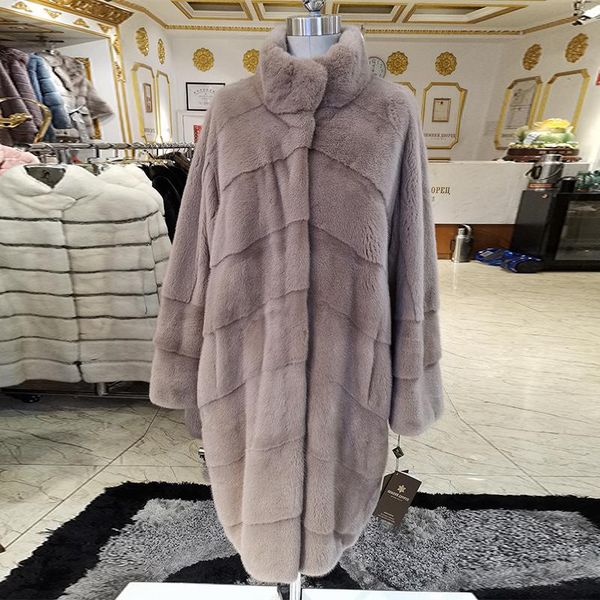 

women's fur & faux 2021 winter style coat natural mink stand collar good quality 90 cm long coats of fashion slim, Black