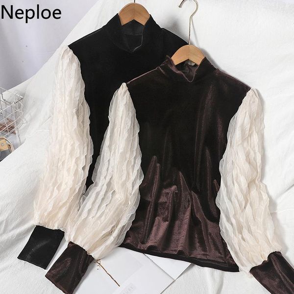 

neploe patchwork pleated shirts women contrast color half turtleneck blouses korean chic velvet blusas mujer de moda 2021 women's, White