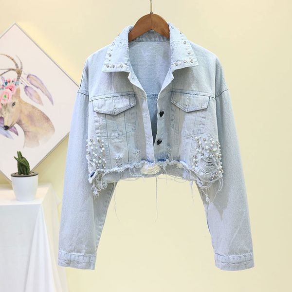 

women's jackets autumn denim coat for loose beading button hole cool cropped streetwear qyz1, Black;brown