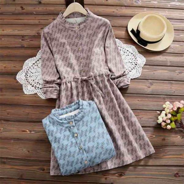 Mori Menina Outono Inverno Mulheres Doce Vestido Ruffled Carrinho Colarinho Azul-Rosa Plus Veludo Grosso Morno Lady Kawaii Elegante 210520