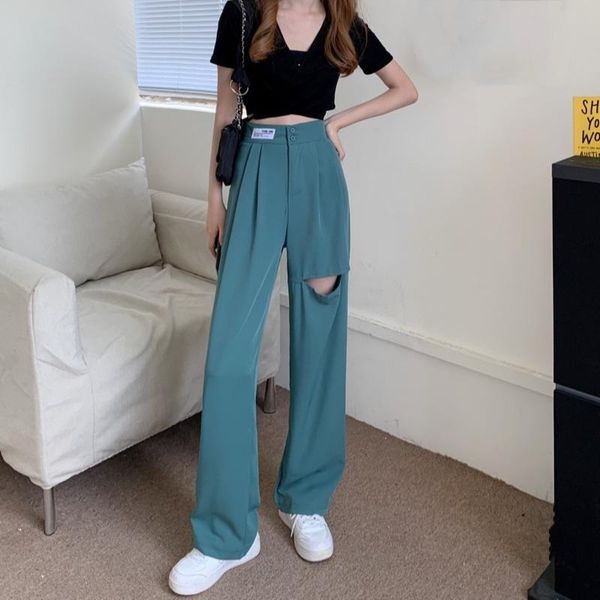 

women's pants & capris 2021 summer thin korean style loose slimming wide-leg ripped design fashion fried street casual trousers, Black;white