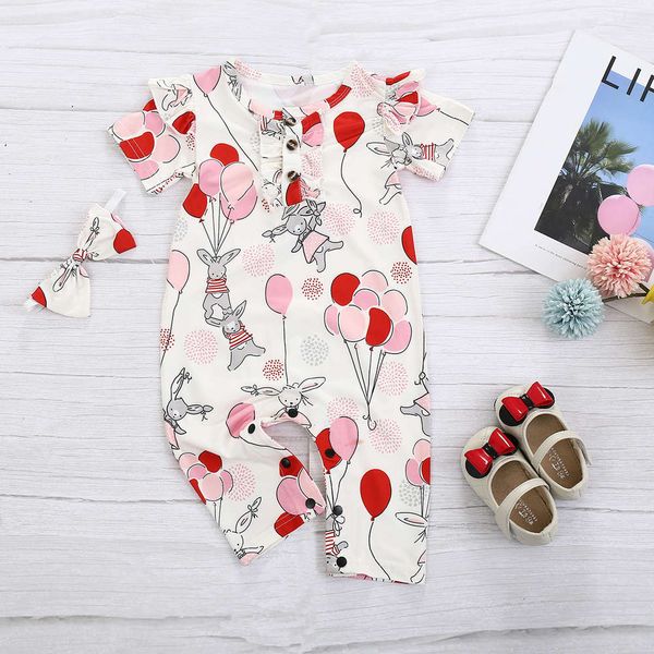 

summer baby's one-piece clothes full of cute animal balloon design creeping out fashion, White