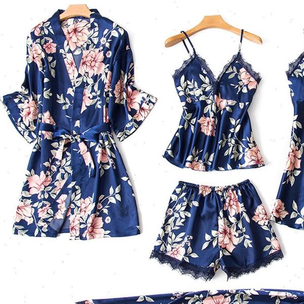 

5pc pyjamas sleep wear pajamas womens sleepwears lace satin robe bathrobe trousers shorts set sleepwear, Black;red