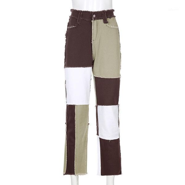 

patchwork contrast fashion women's jeans baggy vintage high waist straight boyfriends mom denim distressed streetwear female, Blue