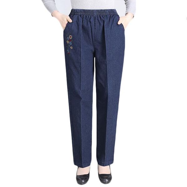 

women's pants & capris 2021 spring autumn straight jeans women casual loose elastic waist middle-aged embroidery long trousers plus siz, Black;white