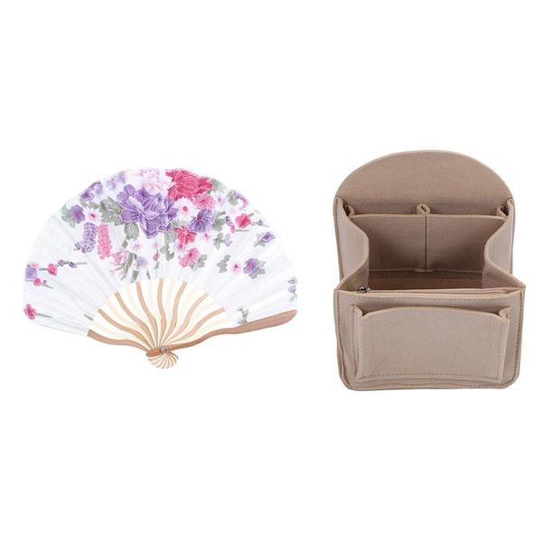 

other home decor bamboo flower printed japanese style foldable hand held fan with felt backpack insert organizer storage bag(dark khaki)