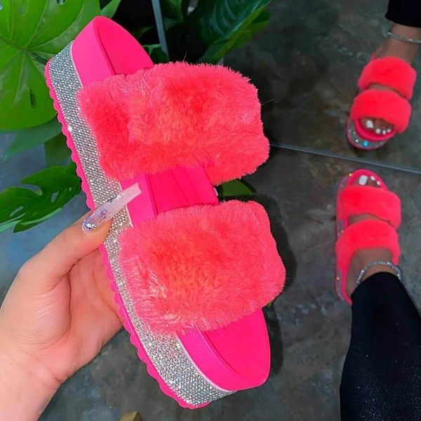 

women fur slippers bling crystal summer home flat slides for fluffy female shoes outdoor casual, Black