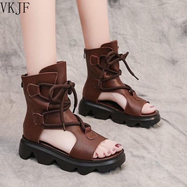 

sandals design fashion women summer shoes 2021 open toe genuine pu leather back zipper wedges platform casual, Black