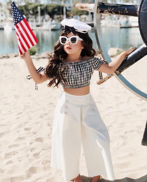 

toddler 2pcs set kid baby girl off shoulder check t shirt long pants children holiday outfits clothes, White