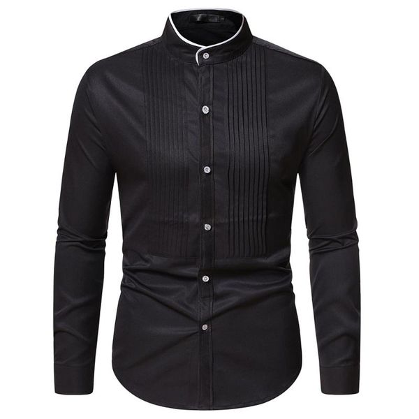 

men's dress shirts suit for man single breast business fromal mens wedding shirt summer pleated party black and white, White;black