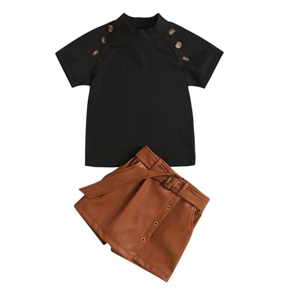

clothing sets kid girls clothes set summer fashion solid color short sleeve and leather pants with belt outfits for 2-6years, White