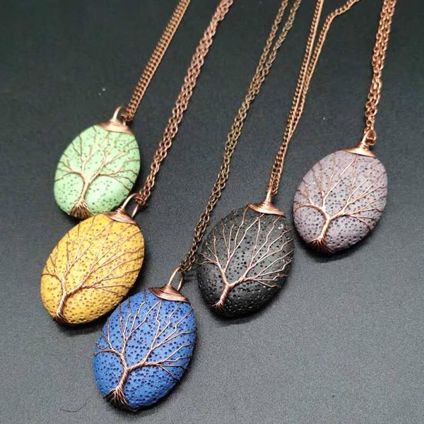 

hand wrapped silver copper wire dye lava stone pendant necklace for gift